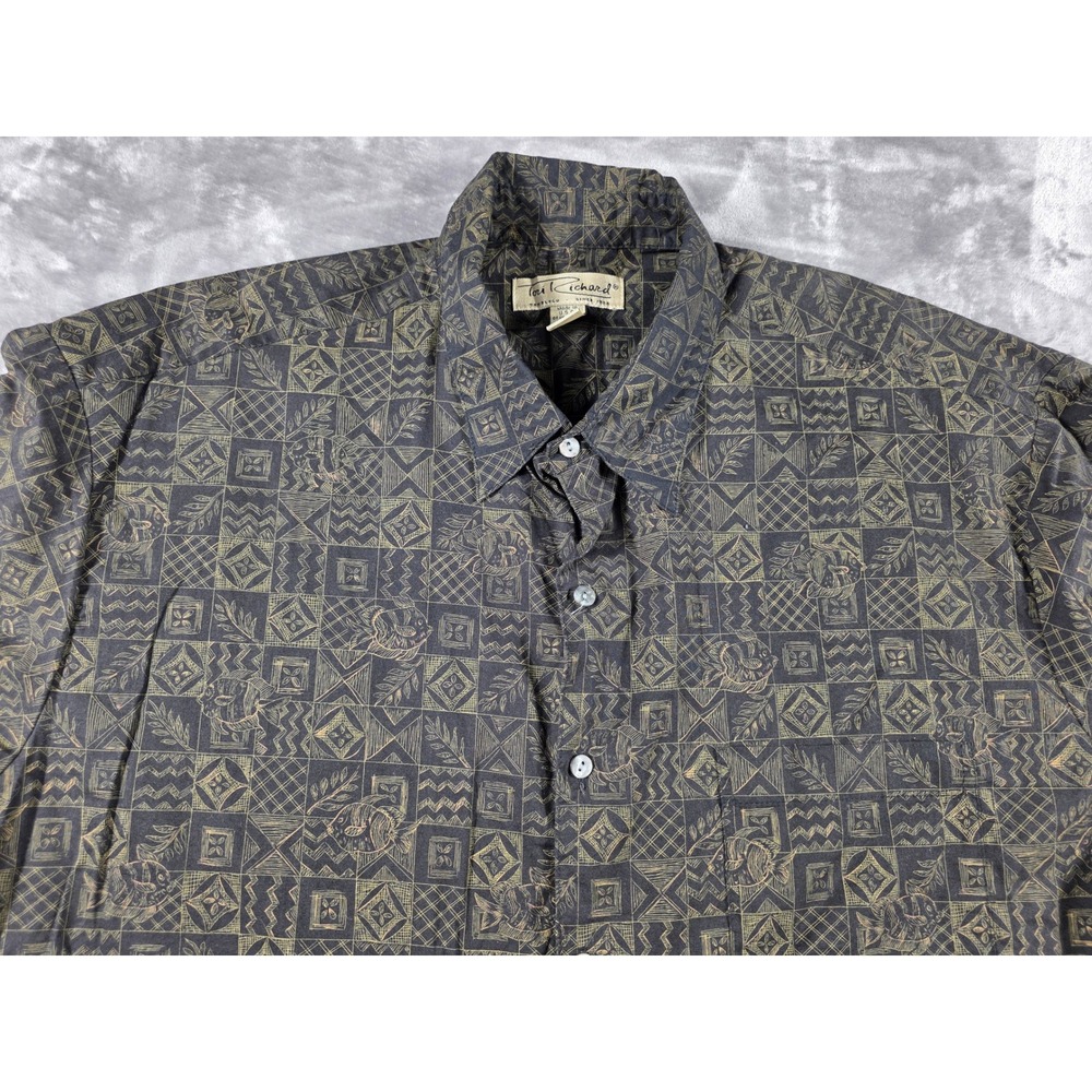 Tori Richard Button Up Hawaiian Shirt Mens XL Black/Tan Geometric Tribal Vtg USA